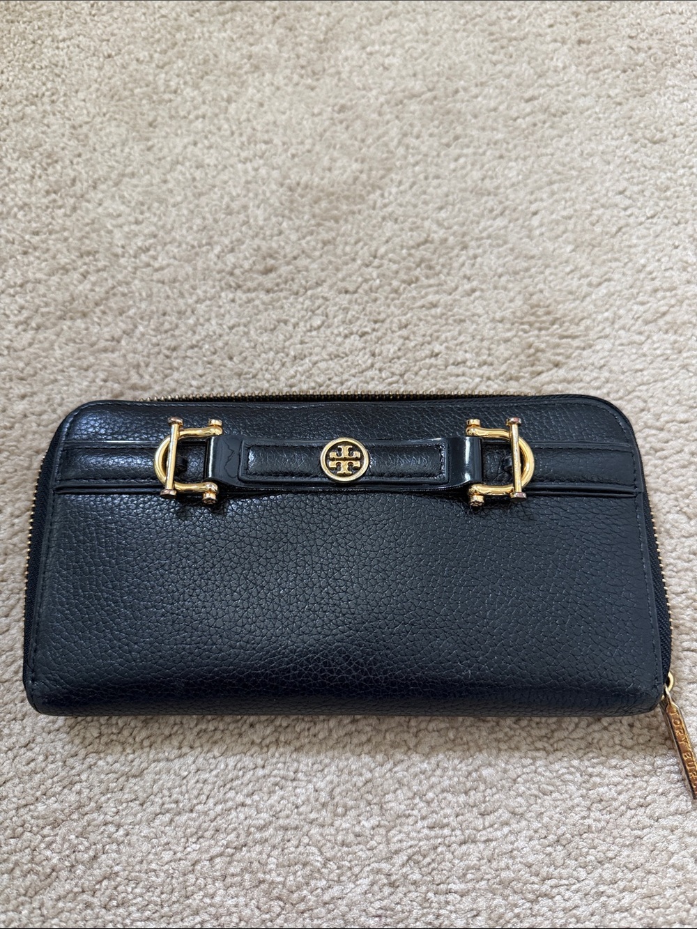 Tory Burch Black Pebbled Leather Zip-Around Wallet with Gold Accents